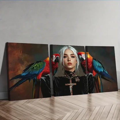 3pcs Colorful Parrots And Girls Wall Art Set Canvas Unframed - High Quality Print 100% Australian Made Wall Canvas - Bella Home Decor