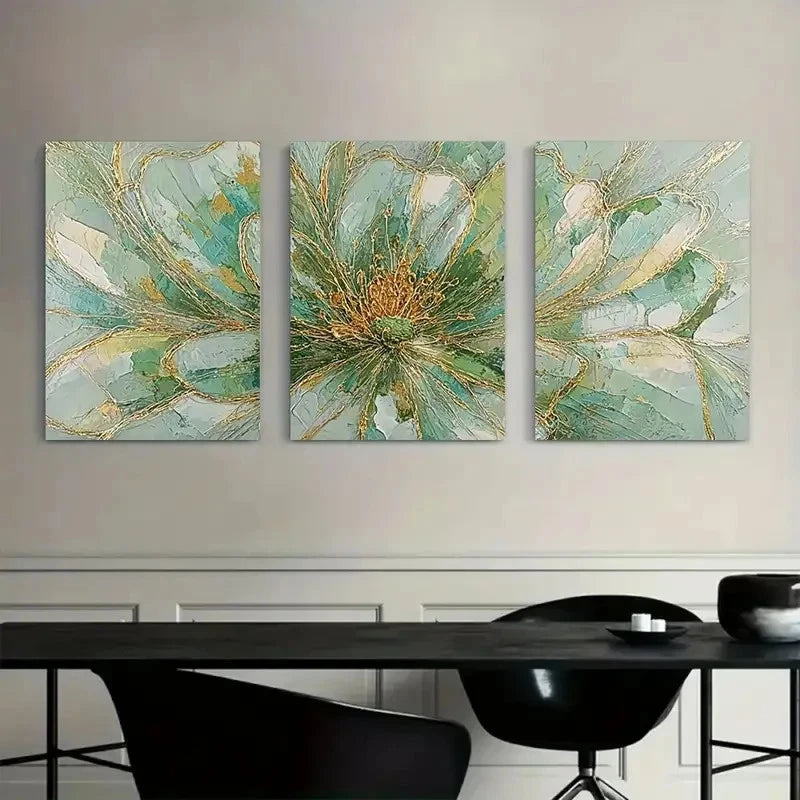 3pcs Flower with Light Green-Golden and Golden Metal Print Ready to Hang Art - Bella Home Decor