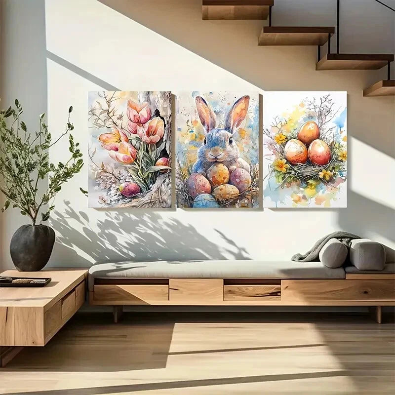 3pcs Featuring Easter-Themed Decorations Metal Print Ready to Hang Art - Bella Home Decor