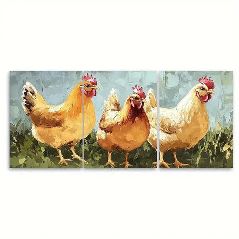3pcs Chicken Hen Farm Bird Impasto Illustration Wall Art Canvas Unframed - High Quality Print 100% Australian Made Wall Canvas - Bella Home Decor