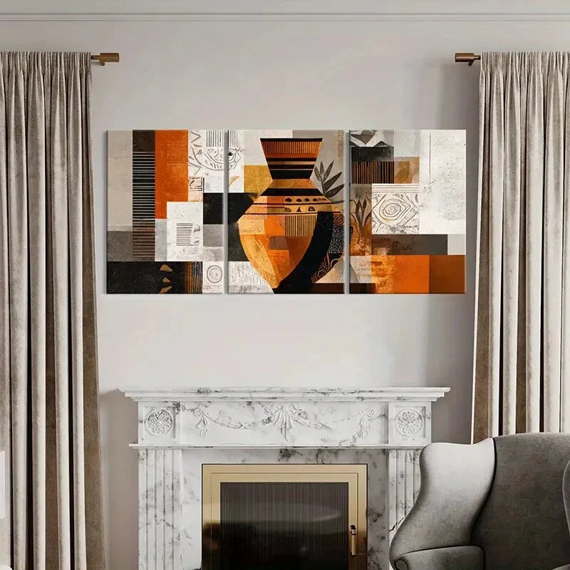 3pcs Abstract Geometric Art Warm Tones Metal Print Ready to Hang Art - Bella Home Decor