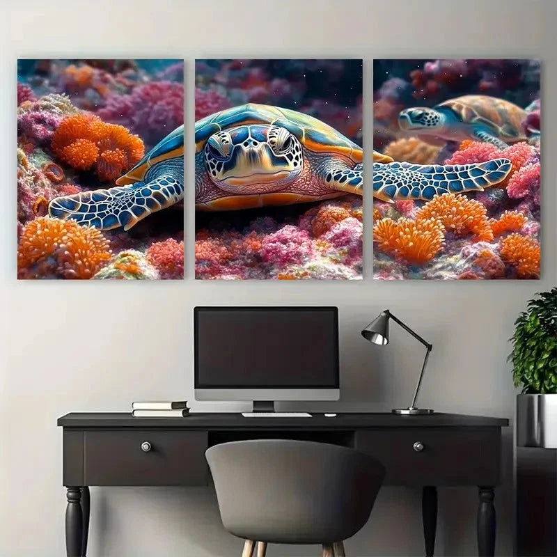 3pcs Coral Reef Sea Life Tropical Fish Sea Turtle Metal Print Ready to Hang Art - Bella Home Decor