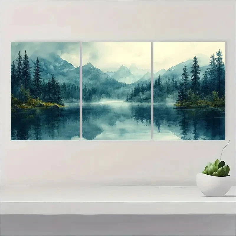 3pcs Mountain Lake Landscape Watercolor Painting Metal Print Ready to Hang Art - Bella Home Decor