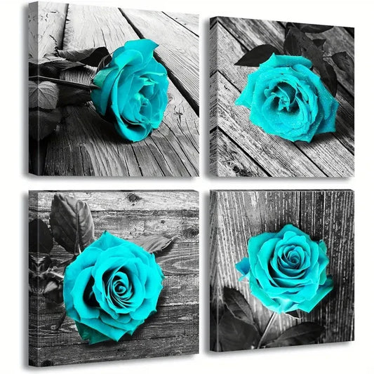 4pcs Teal Wall Decor Rose Flower Wall Art Canvas Framed