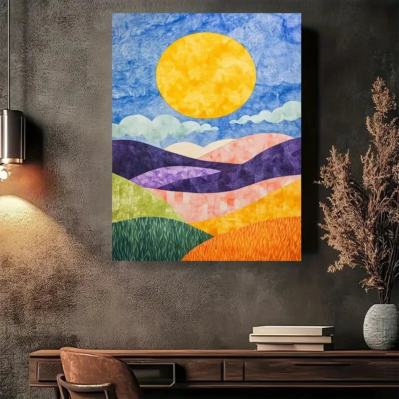 Beautiful Sunset Hills Modern Vintage Painting 40x60cm Metal Print Ready to Hang - Bella Home Decor