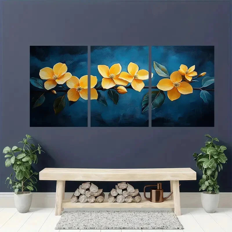 3pcs Vibrant Yellow Jasmine Flower Elegant Floral Metal Print Ready to Hang Art - Bella Home Decor