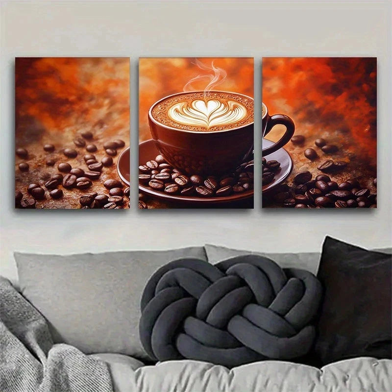 3pcs Cappuccino and Coffee Bean Design Metal Print Ready to Hang Art - Bella Home Decor