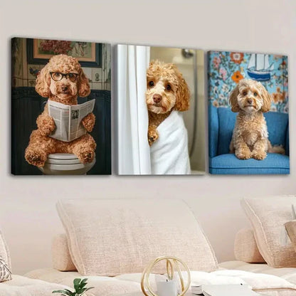 3pcs Cute Dog Toilet Blue & White Brawny Paper Wall Art Set Canvas Unframed - High Quality Print 100% Australian Made Wall Canvas - Bella Home Decor