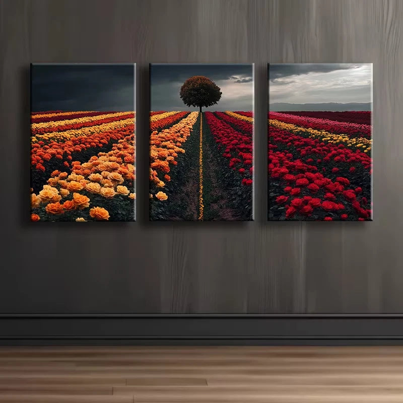 3pcs Charming Flower Fields Illustration Wall Art Set Canvas Framed 50x70cm - High Quality Print 100% Australian Made Wall Canvas Ready to Hang - Bella Home Decor