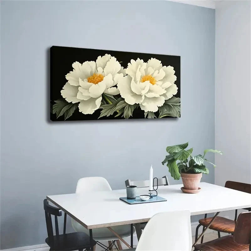 Two Blooming White Peonies Wall Art Canvas Office Home Room Framed 120x60cm - Bella Home Decor
