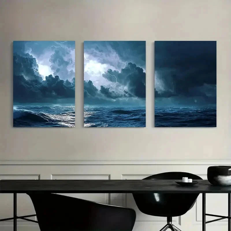 3pcs Dark Blue Stormy Sea & Thunder Sky Scene Metal Print Ready to Hang Art - Bella Home Decor