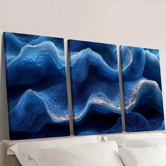 3pcs Wave Design, Indigo Honeycomb WD Wall Art Set Canvas Framed 60x90cm - High Quality Print 100% Australian Made Wall Canvas Ready to Hang