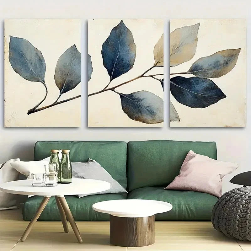 3pcs Rustic Botanical Leaf Branch Design Metal Print Ready to Hang Art