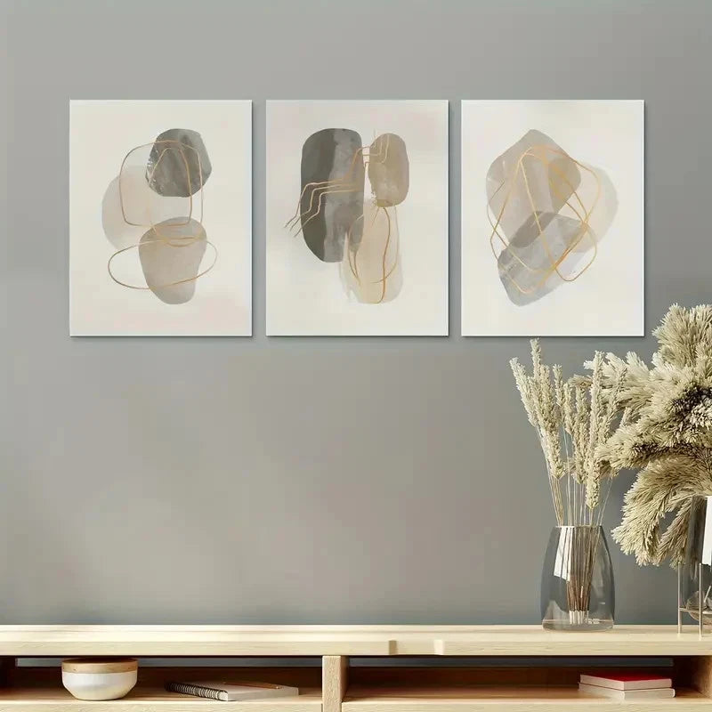 3pcs Beige and Golden Abstract Design Metal Print Ready to Hang Art - Bella Home Decor