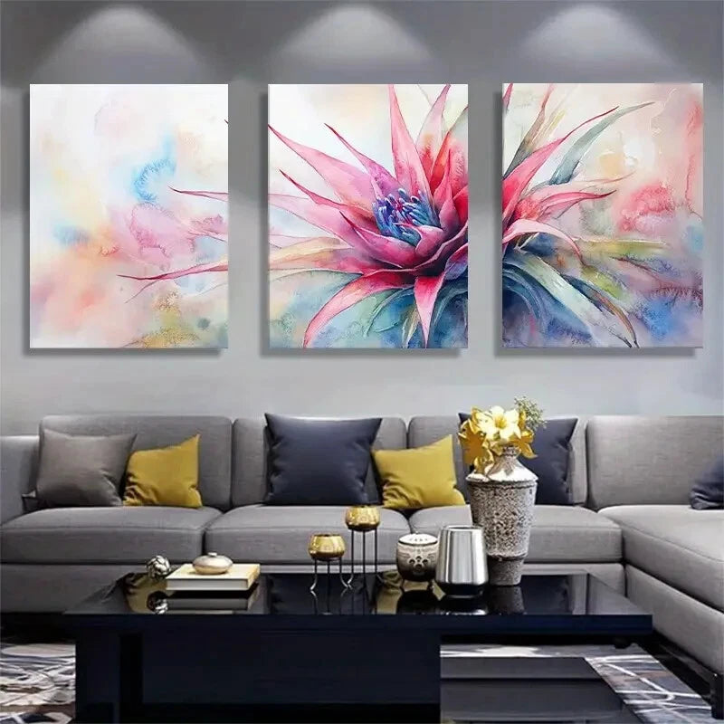 3pcs Watercolor Flower Pink and Blue Botanical Metal Print Ready to Hang Art
