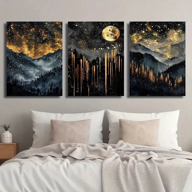 3pcs Abstract Starry Celestial Sky Black Perfect Wall Art Set Canvas Framed 40x60cm - High Quality Print 100% Australian Made Wall Canvas Ready to Hang