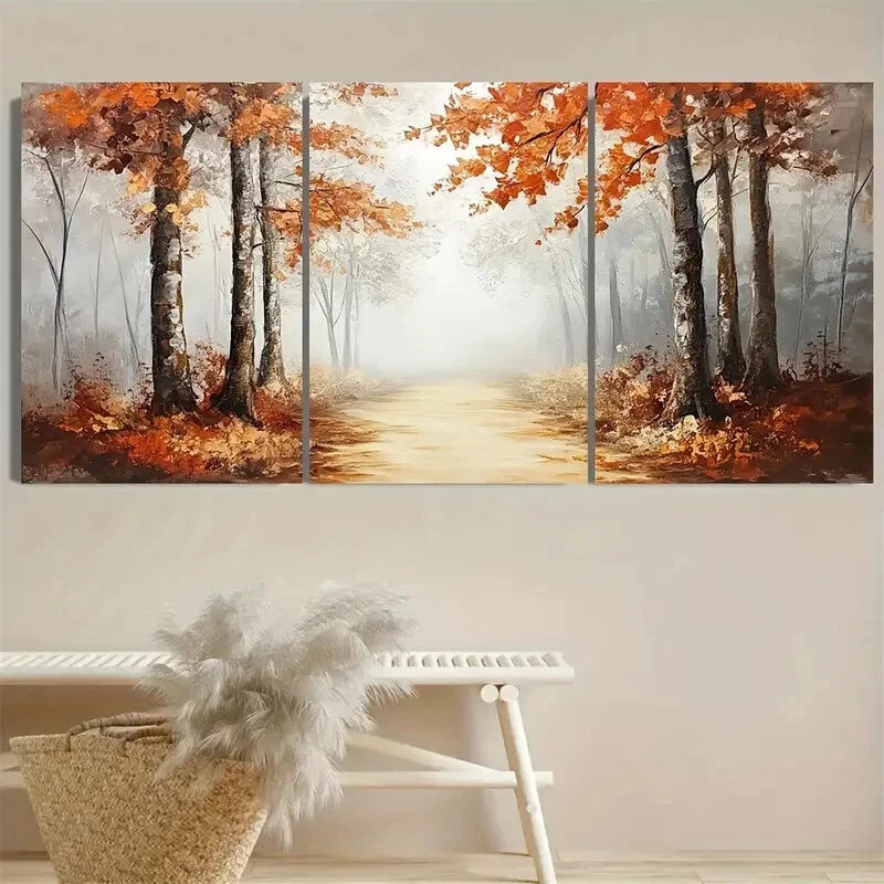 3pcs Vibrant Autumn Forest Misty Pathway with Tree Metal Print Ready to Hang Art - Bella Home Decor