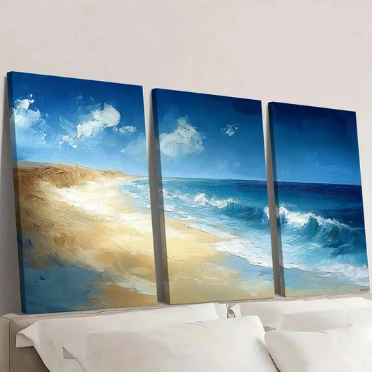 3pcs Abstract Beach Land Blue Seascape LB Wall Art Set Canvas Framed 50x70cm - High Quality Print 100% Australian Made Wall Canvas Ready to Hang