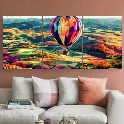 3pcs Vibrant Hot Air Balloon Landscape Over Hills Metal Print Ready to Hang Art