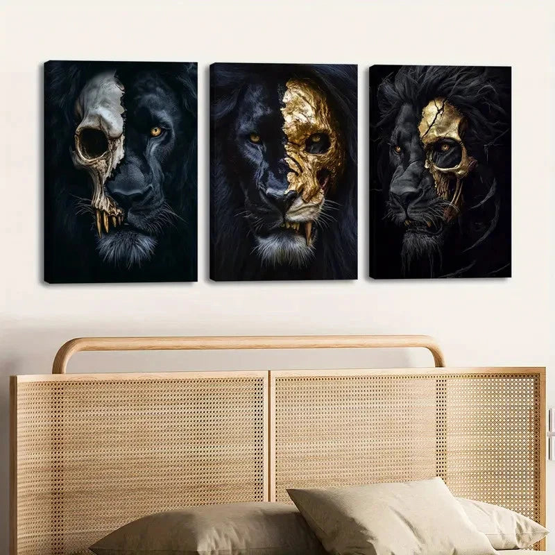 3pcs Dragon Trio with Skull Accents, Black & White Wall Art Set Canvas Framed 60x90cm - High Quality Print 100% Australian Made Wall Canvas Ready to Hang - Bella Home Decor