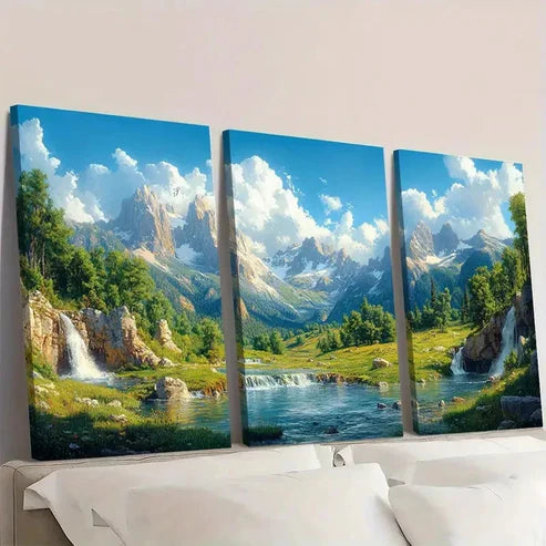 3pcs Serene Mountain River Scene, DF Wall Art Set Canvas Unframed - High Quality Print 100% Australian Made Wall Canvas - Bella Home Decor