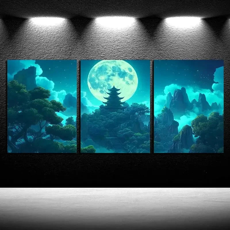 3pcs Ancient Pagoda Landscape, Full Moon Night Metal Print Ready to Hang Art - Bella Home Decor