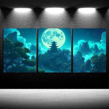 3pcs Ancient Pagoda Landscape, Full Moon Night Metal Print Ready to Hang Art - Bella Home Decor
