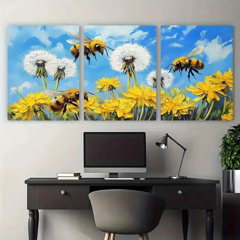 3pcs Vibrant Dandelion Flowers Honeybee Design Metal Print Ready to Hang Art - Bella Home Decor