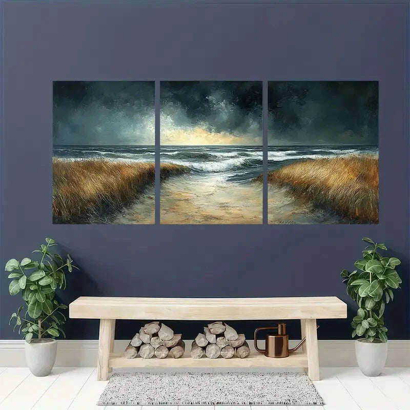 3pcs Abstract Stormy Skies & Ocean Waves Metal Print Ready to Hang Art - Bella Home Decor