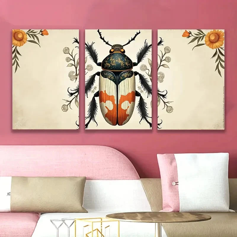 3pcs Artistic Beetle Illustration Wall Art Set Canvas Framed 60x90cm - High Quality Print 100% Australian Made Wall Canvas Ready to Hang - Bella Home Decor