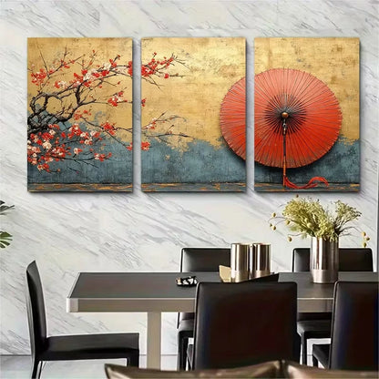 3pcs Elegant Asian Wagasa Umbrella Metal Print Ready to Hang Art