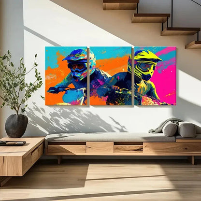 3pcs Vibrant Motocross Riders Colorful Splash Metal Print Ready to Hang Art - Bella Home Decor