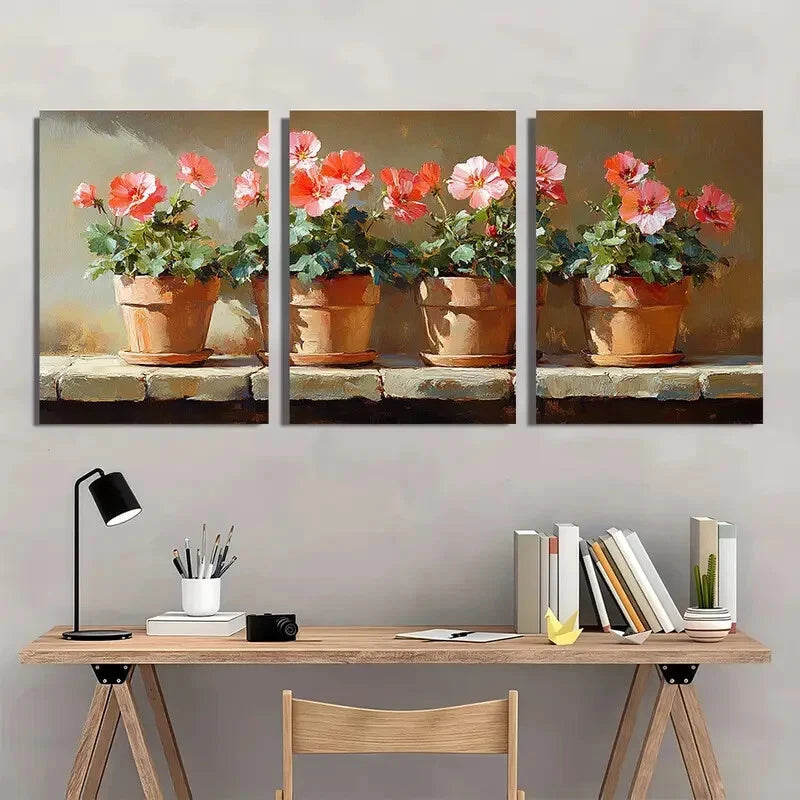 3pcs Featuring Geranium Oil Painting Metal Print Ready to Hang Art