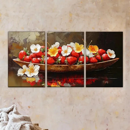 3pcs a painting of strawberries and flowers Wall Art Set Canvas Framed 50x70cm - High Quality Print 100% Australian Made Wall Canvas Ready to Hang - Bella Home Decor