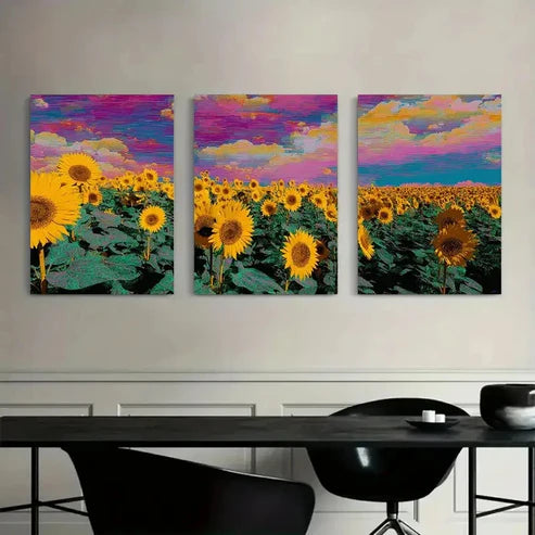 3pcs Sunflower Field Holographic Blooms Wall Art Set Canvas Unframed - High Quality Print 100% Australian Made Wall Canvas