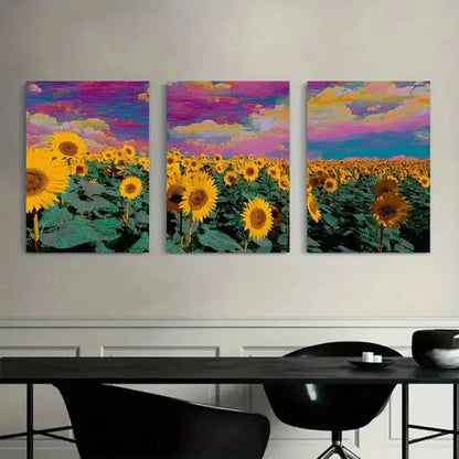 3pcs Sunflower Field Holographic Blooms Wall Art Set Canvas Unframed - High Quality Print 100% Australian Made Wall Canvas