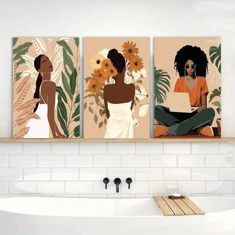 3pcs Black Women with Floral & Abstract Designs Metal Print Ready to Hang Art - Bella Home Decor