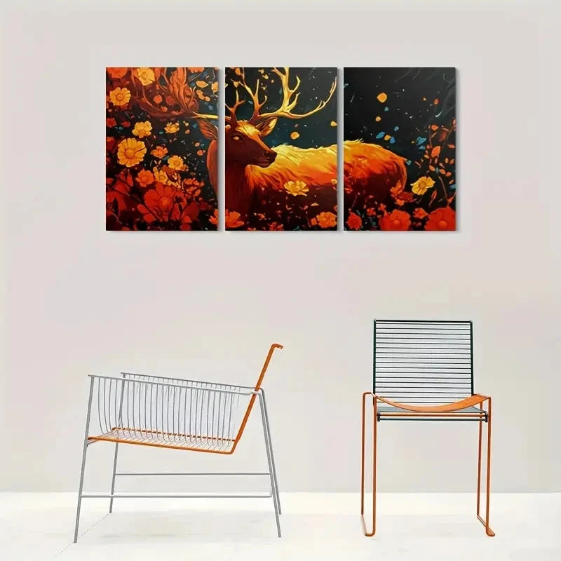 3pcs Golden Deer Modern Floral Metal Print Ready to Hang Art - Bella Home Decor