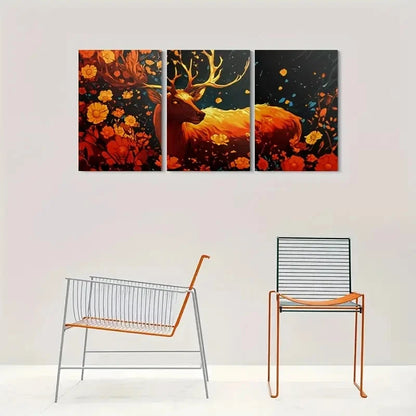 3pcs Golden Deer Modern Floral Metal Print Ready to Hang Art - Bella Home Decor