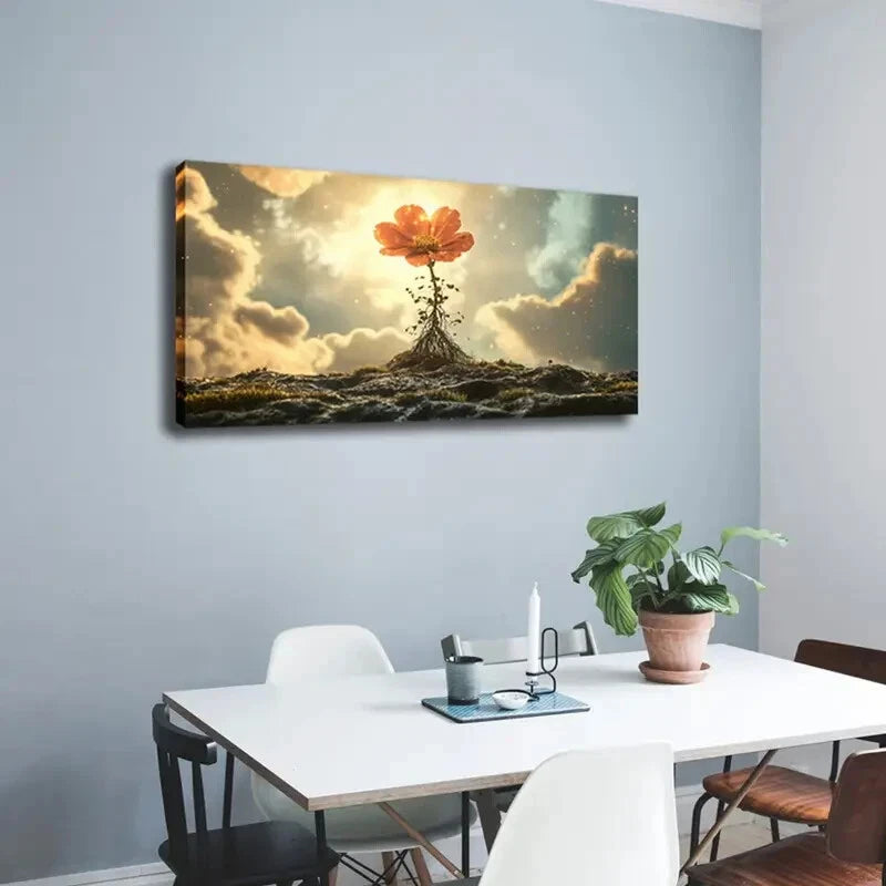 Orange Flower Growing from Rock Wall Art Canvas Office Home Room Framed 120x60cm - Bella Home Decor