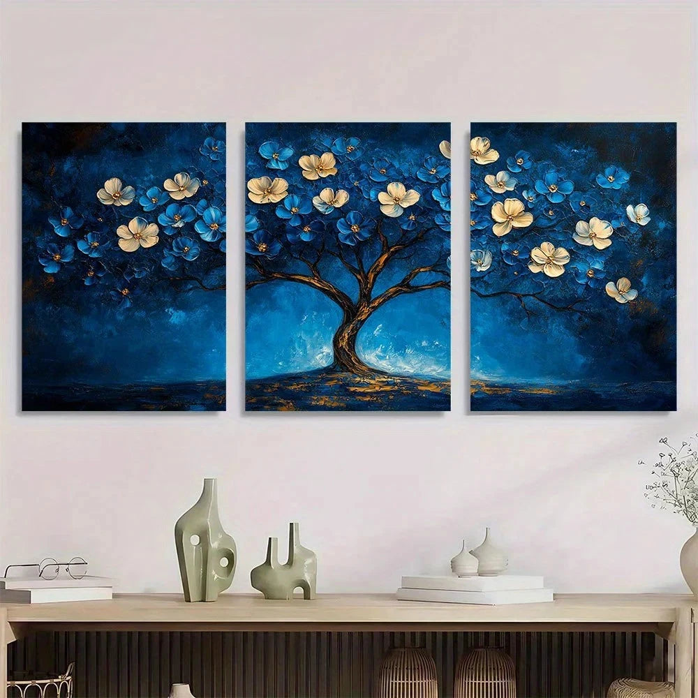 3pcs Abstract Vibrant Blue White Floral Metal Print Ready to Hang Art - Bella Home Decor