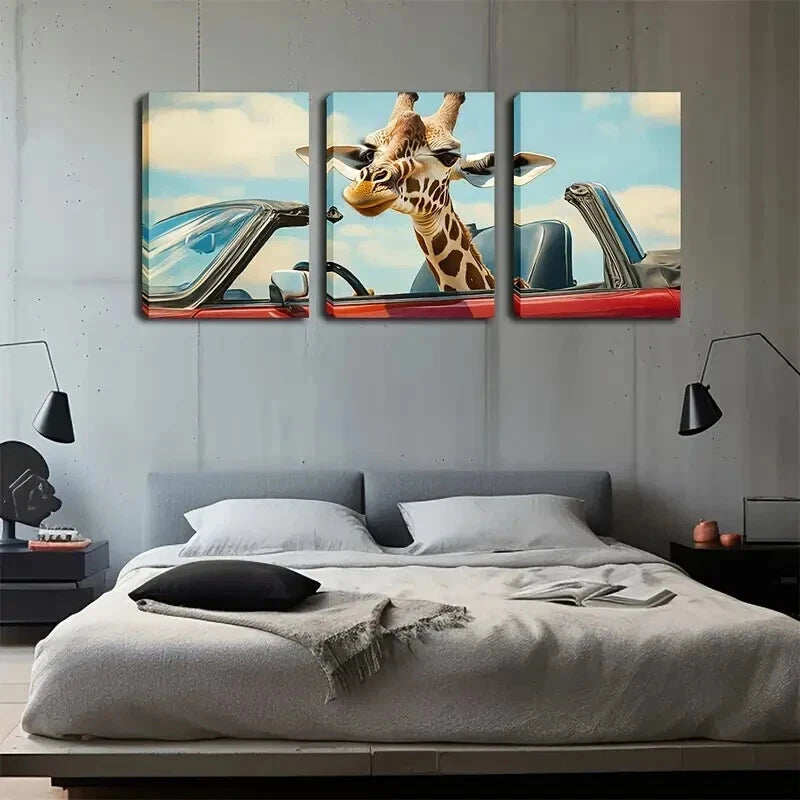 3pcs Whimsical Giraffe Red Convertible Perfect Wall Art Set Canvas Framed 50x70cm - High Quality Print 100% Australian Made Wall Canvas Ready to Hang - Bella Home Decor