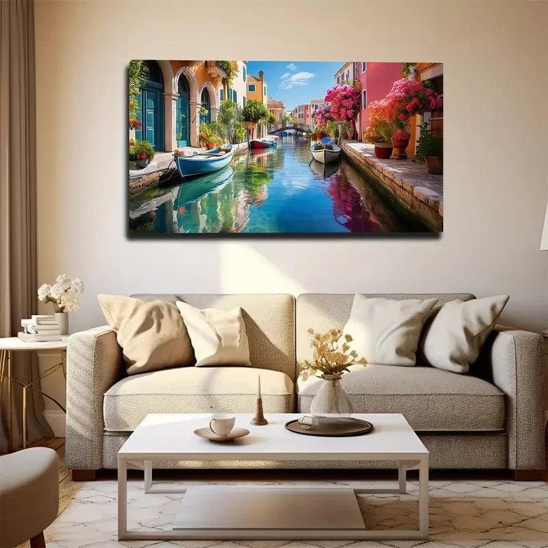 Water City Warm Small Boat Wall Art Canvas Office Home Room Framed 120x60cm