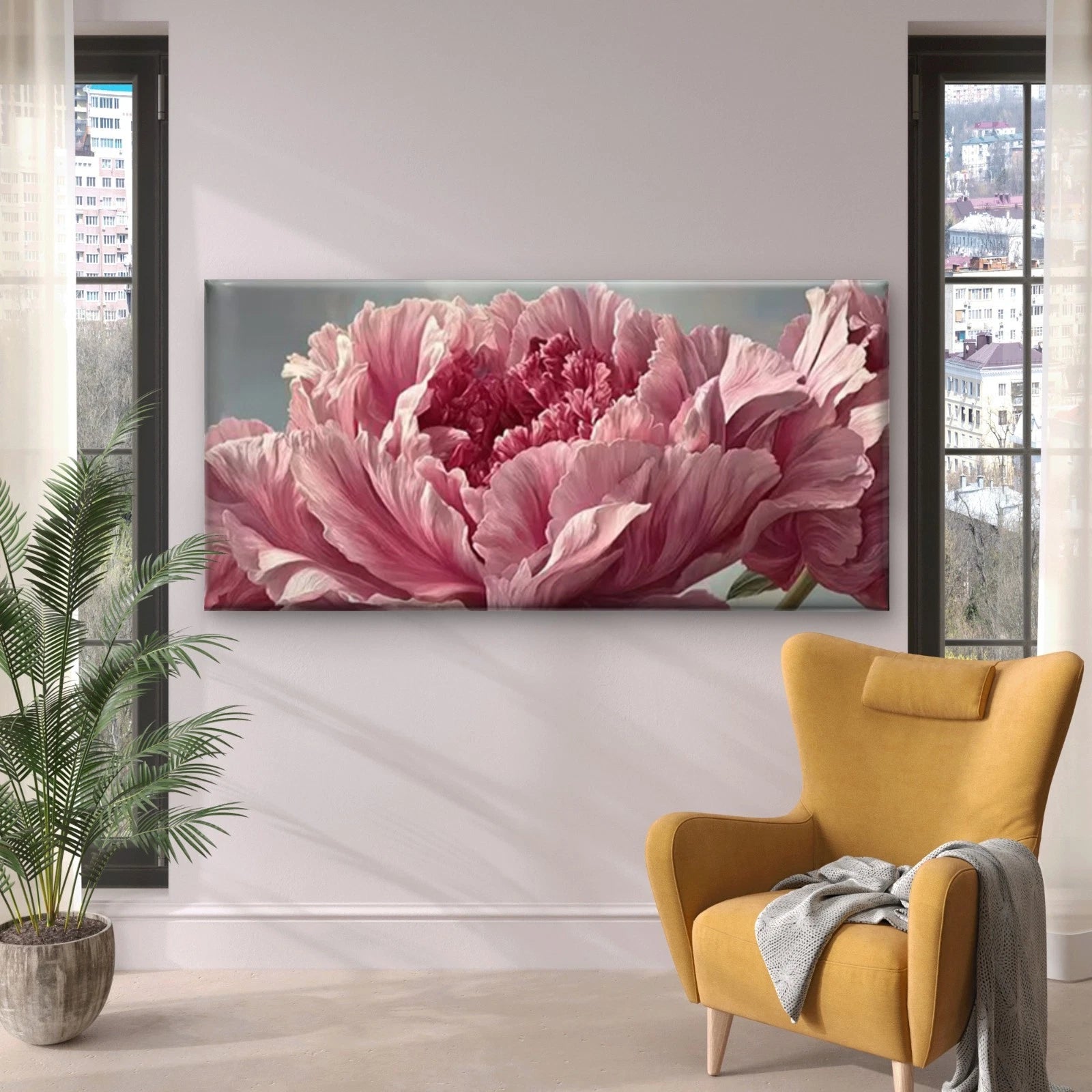 Pink Flowers on Beige Background Wall Art Canvas Office Home Room Framed 120x60cm - Bella Home Decor