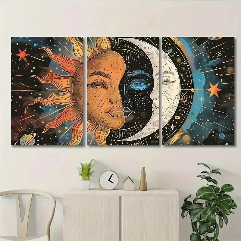 3pcs Sun and Moon Motifs Space Abstract Perfect Wall Art Set Canvas Framed 40x60cm - High Quality Print 100% Australian Made Wall Canvas Ready to Hang - Bella Home Decor