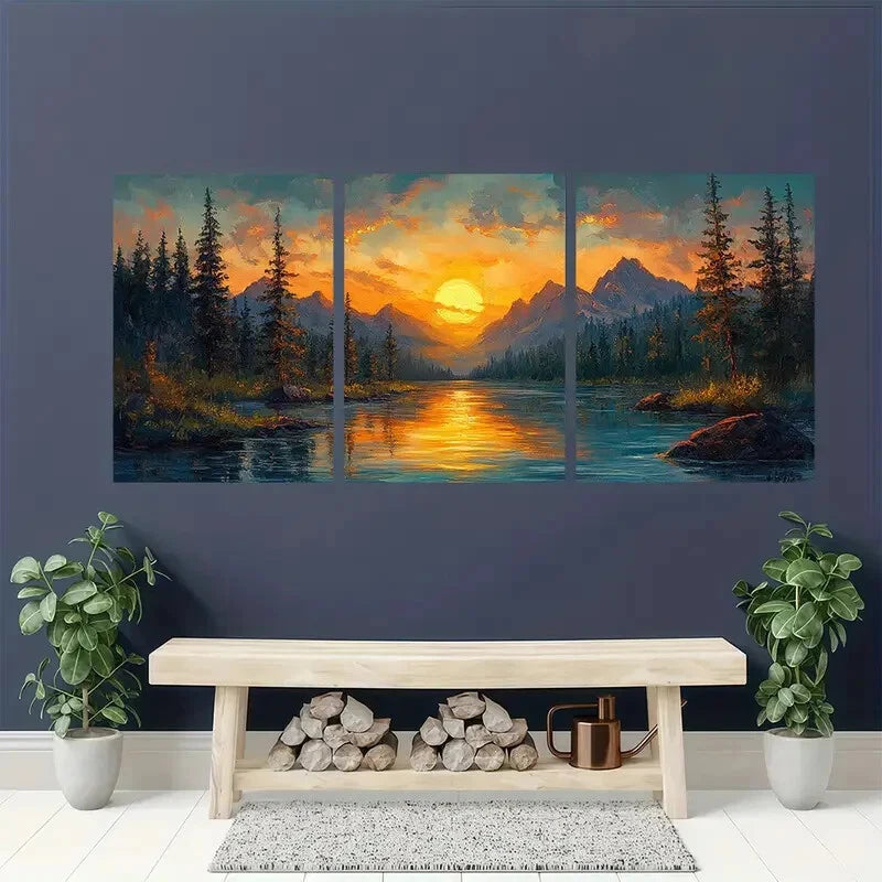 3pcs Mountain Sunrise Warm Golden Skies over Deep Metal Print Ready to Hang Art - Bella Home Decor
