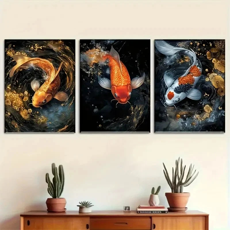 3pcs Dynamic Koi Fish Vibrant with Water Scene Metal Print Ready to Hang Art - Bella Home Decor