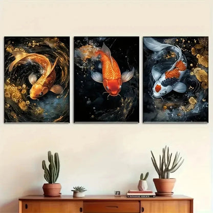 3pcs Dynamic Koi Fish Vibrant with Water Scene Metal Print Ready to Hang Art - Bella Home Decor