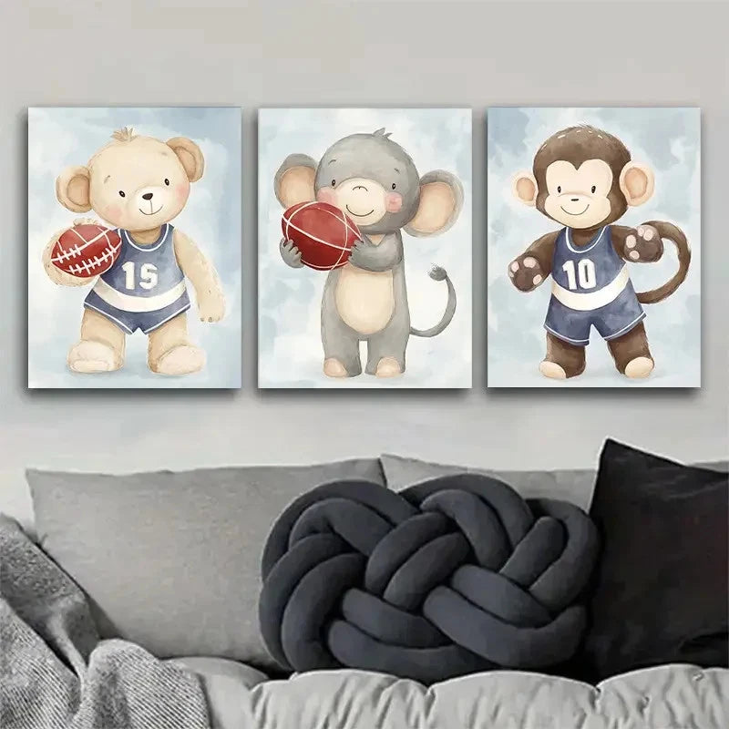 3pcs Cute Animal Basketball Gear & Sports Theme Metal Print Ready to Hang Art - Bella Home Decor
