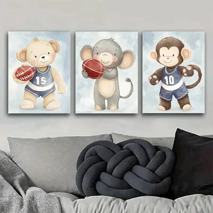 3pcs Cute Animal Basketball Gear & Sports Theme Metal Print Ready to Hang Art - Bella Home Decor